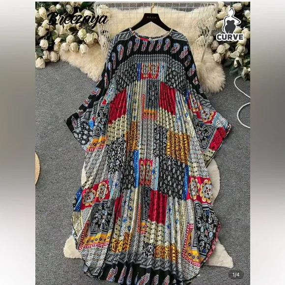 SHEIN Red and Blue Pleated Maxi Dress with Dolman Sleeves - Picture 1 of 3